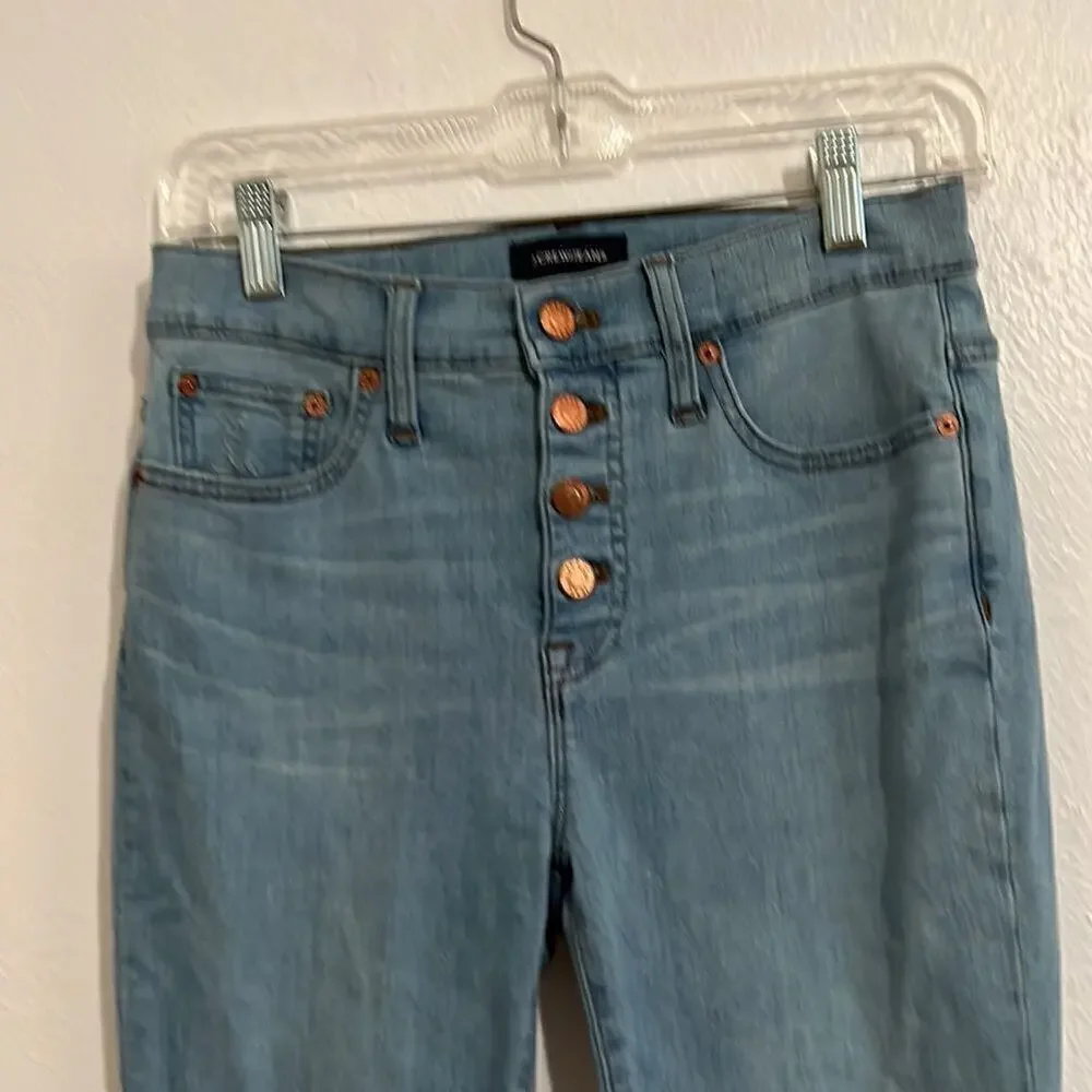 J Crew Fair Trade Certified Light Wash Button Fly Front Raw Hem Skinny Jeans 26